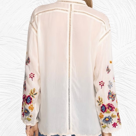 Johnny Was Small Maude Blouse Cream Embroidered Tunic Floral Butterflies Boho - Picture 2 of 9